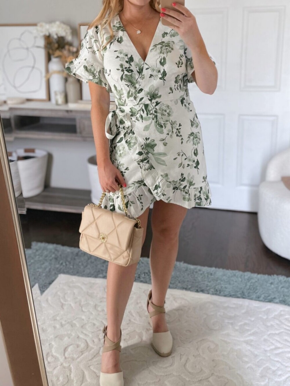 Abercrombie & Fitch Angel Sleeve Wrap Mini Dress ruffled hem White Green ST